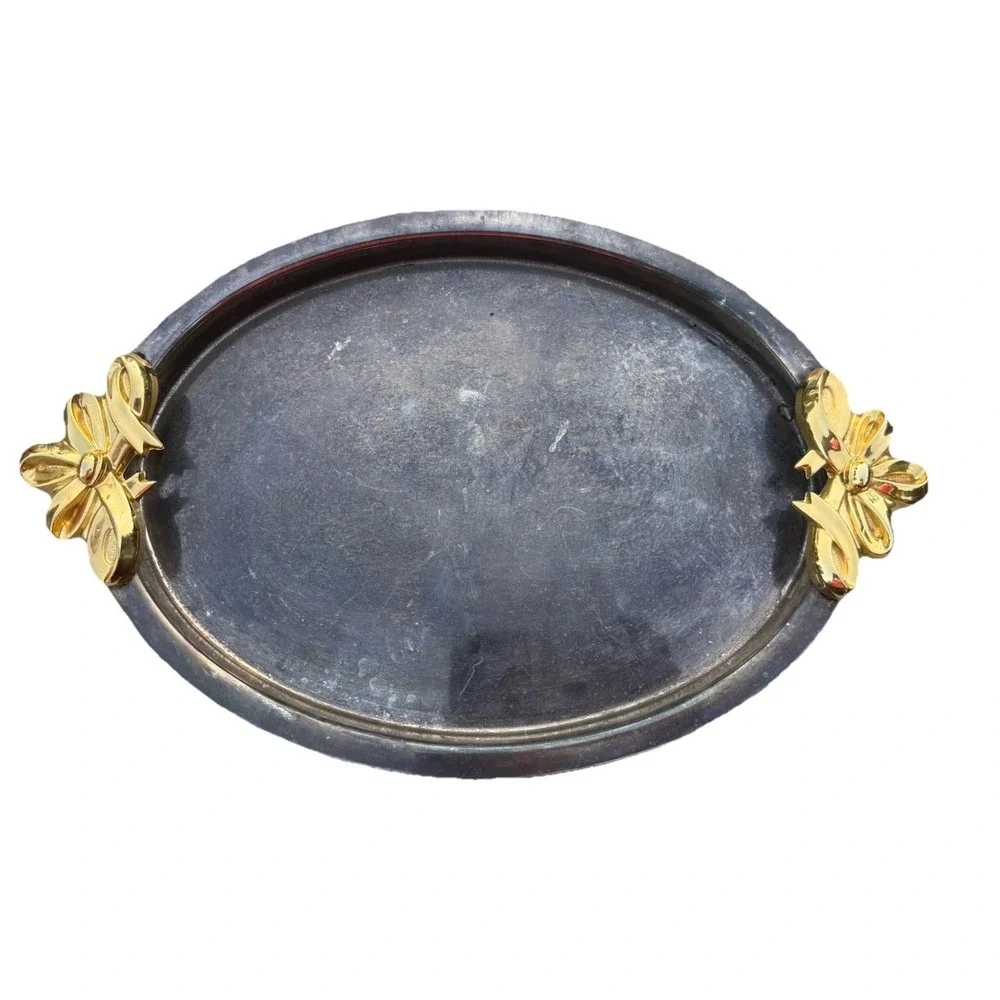 VTG Silver Plated Vanity Tray Gold Tone Tarnished Bow Cottage Core